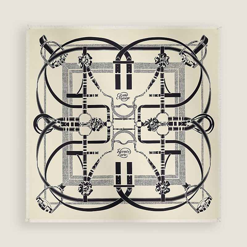 Grand Manege fringed scarf 80 - White | Hermès USA